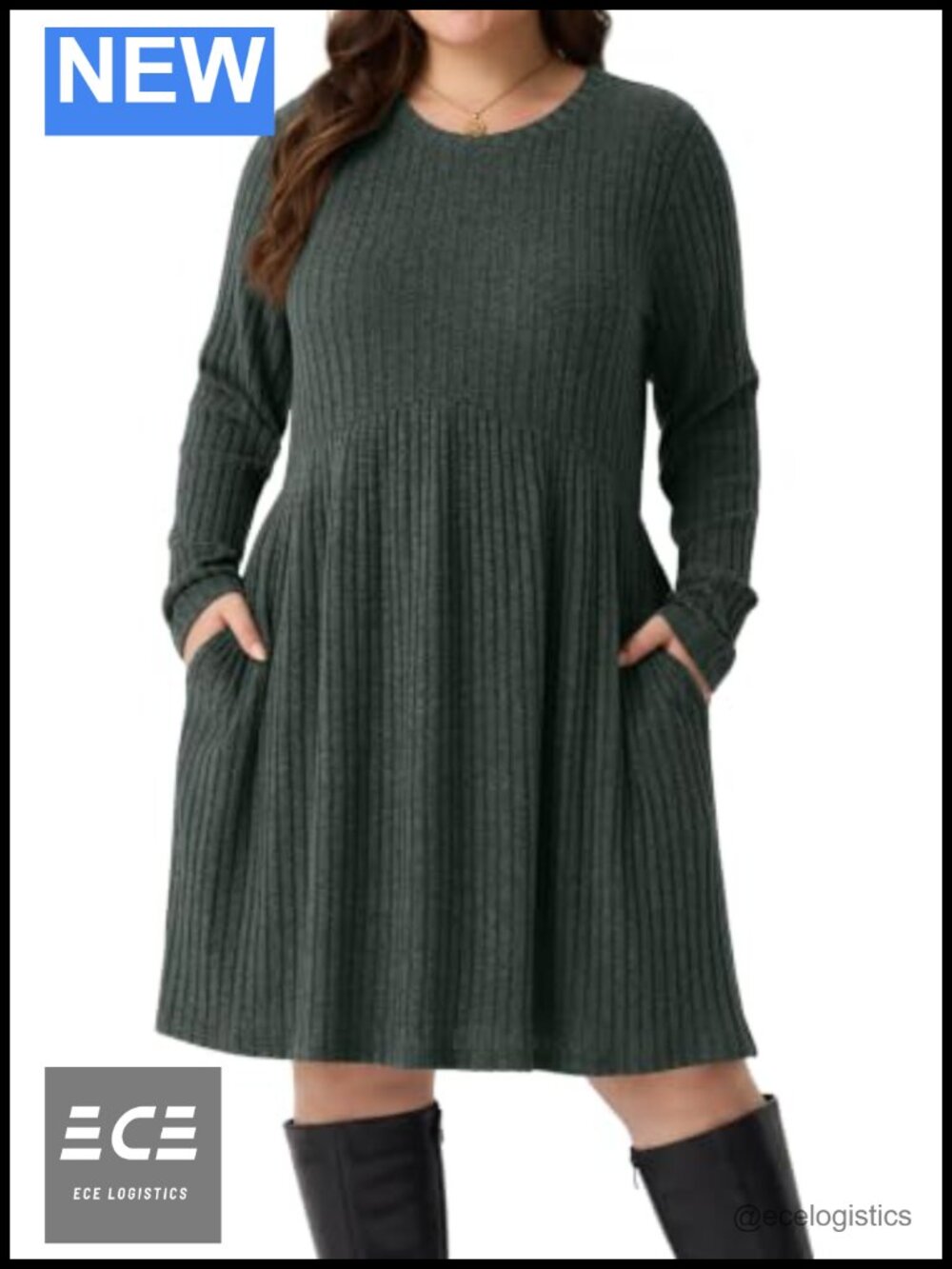 Women's Plus Size Ribbed Sweater Dress Long Sleeve